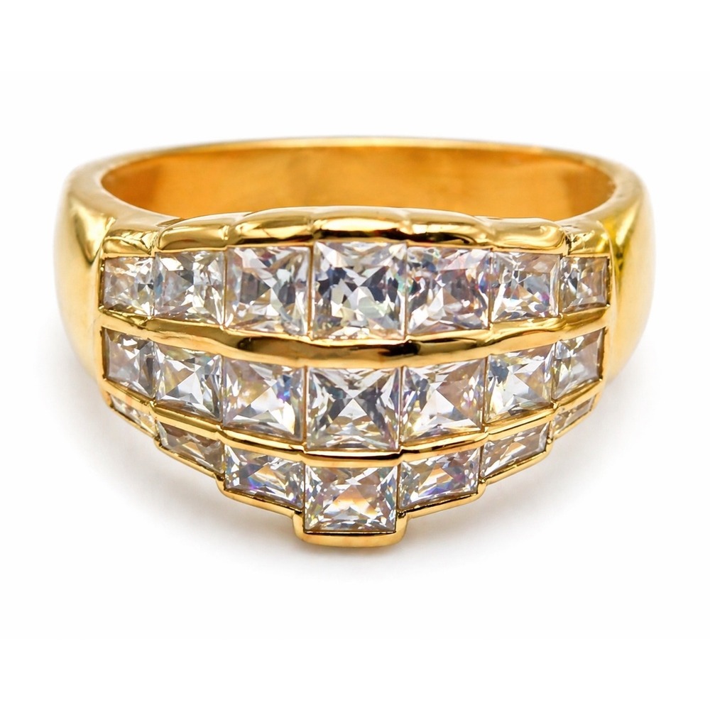 Gold 925 Sterling Silver Princess Cut CZ Tiered Statement Cocktail Ring HC MARK